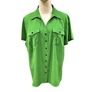 Notations Woman Button Up Shirt 1X-2X Green Blue Polka Dots Stretch Short Sleeve